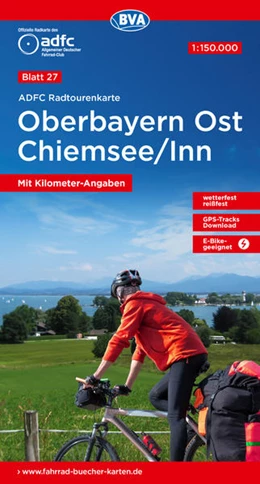 Abbildung von Allgemeiner Deutscher Fahrrad-Club e.V. (ADFC) / BVA BikeMedia GmbH | ADFC-Radtourenkarte 27 Oberbayern Ost Chiemsee/Inn 1:150.000, reiß- und wetterfest, E-Bike geeignet, GPS-Tracks Download, mit Bett+Bike Symbolen, mit Kilometer-Angaben | 10. Auflage | 2022 | beck-shop.de
