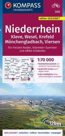 Abbildung von KOMPASS Fahrradkarte 3323 Niederrhein, Kleve, Wesel, Krefeld, Mönchengladbach, Viersen mit Knotenpunkten 1:70.000 | 1. Auflage | 2022 | beck-shop.de
