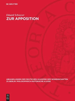 Abbildung von Schwyzer | Zur Apposition | 1. Auflage | 1947 | beck-shop.de