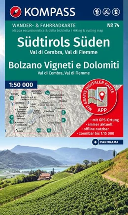 Abbildung von KOMPASS Wanderkarte 74 Südtirols Süden / Bolzano Vigneti e Dolomiti, Val di Cembra, Val di Fiemme 1:50.000 | 2. Auflage | 2025 | beck-shop.de