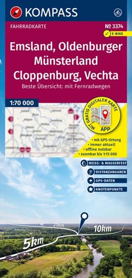 Abbildung von KOMPASS Fahrradkarte 3374 Emsland, Oldenburger Münsterland, Cloppenburg, Vechta mit Knotenpunkten 1:70.000 | 1. Auflage | 2025 | beck-shop.de