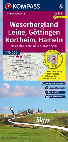 Abbildung von KOMPASS Fahrradkarte 3363 Weserbergland, Leine, Göttingen, Northeim, Hameln mit Knotenpunkten 1:70.000 | 2. Auflage | 2025 | beck-shop.de