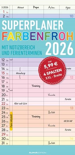 Abbildung von Alpha Edition | Superplaner Farbenfroh 2026 mit 4 Spalten - Familien-Timer 22x45 cm - Offset-Papier - mit Ferienterminen - Wand-Planer - Familienkalender - Alpha Edition | 1. Auflage | 2025 | beck-shop.de
