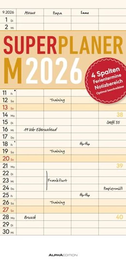 Abbildung von Alpha Edition | Superplaner M 2026 4 Spalten - Familien-Timer 22x45 cm - Offset-Papier - mit Ferienterminen - Wand-Planer - Familienkalender - Alpha Edition | 1. Auflage | 2025 | beck-shop.de
