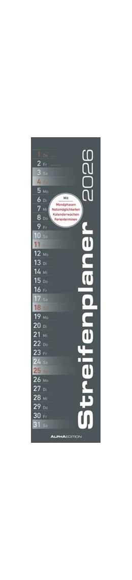 Abbildung von Alpha Edition | Streifenplaner SCHWARZ 2026 - Streifenkalender - Wandplaner - Küchen-Kalender - 11,3x49,5 | 1. Auflage | 2025 | beck-shop.de