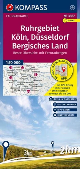 Abbildung von KOMPASS Fahrradkarte 3367 Ruhrgebiet, Köln, Düsseldorf, Bergisches Land mit Knotenpunkten 1:70.000 | 3. Auflage | 2025 | beck-shop.de