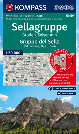 Abbildung von KOMPASS Wanderkarte 59 Sellagruppe, Gröden, Seiser Alm / Gruppo del Sella, Val Gardena, Alpe di Siusi 1:50.000 | 2. Auflage | 2026 | beck-shop.de